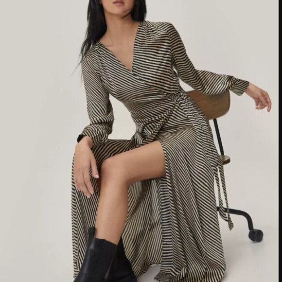 Nasty Gal Satin Mono Stripe Wrap Midaxi Dress XL NWT NEW - Picture 4 of 12